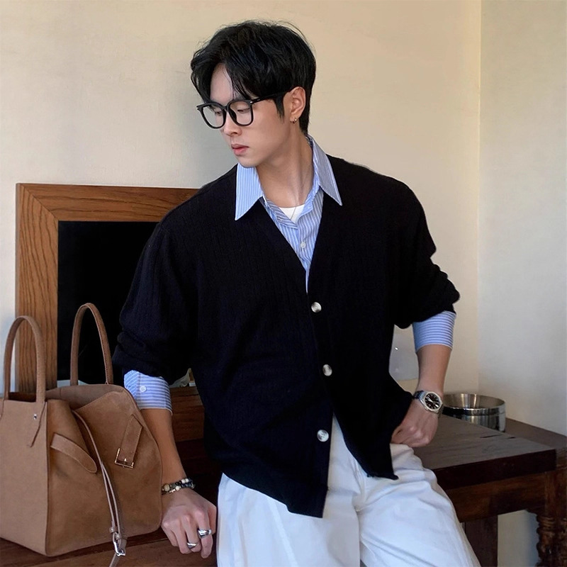 Korean Style Fake Two-Piece Spliced ​​Knitted Cardigan Men's Winter Korean Style High-End Commuter Casual Sweater Shirt Jacket