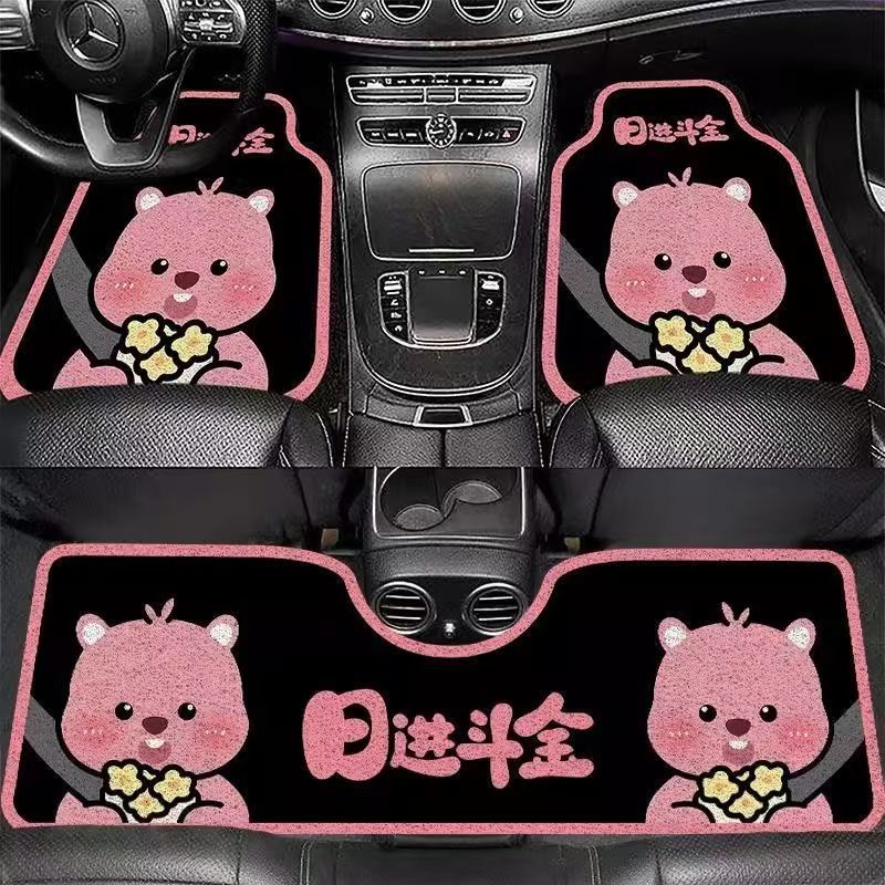 Cartoon Silk Loop Car Floor Mats with Rose Lines and Puppy Design, Non-Slip, Dirt-Resistant, Wear-Resistant, Universal Car Floor Mats