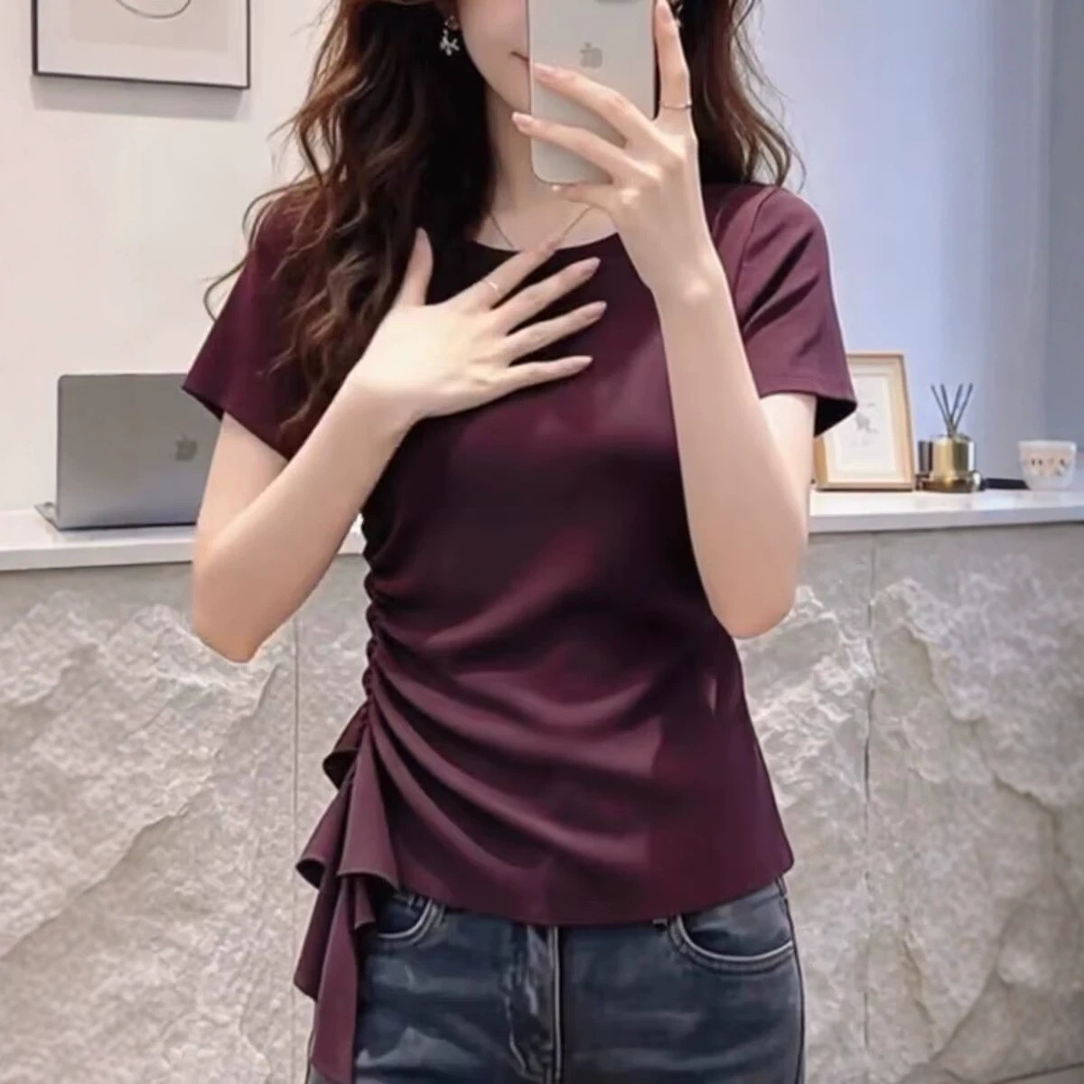Áo thun ngắn tay nữ thiết kế thắt lưng bất quy tắc — màu tím chi tiết 4