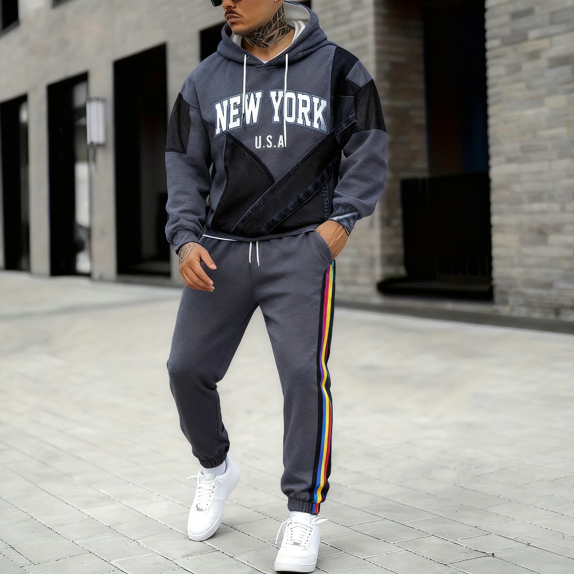 Ensemble sweat à capuche et jogging homme effet denim noir_voghion.com