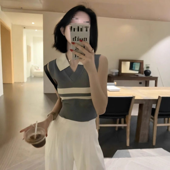 Grey Polo Collar Striped Knitted Vest Camisole Women's Summer Lap Waistle Spice Girl Slim-fit Short Sleeveless Top