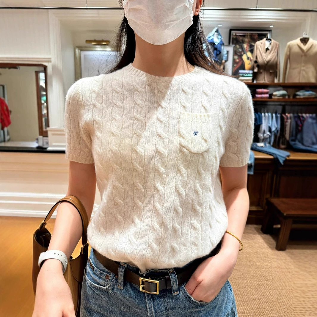 RL Rlaf Poni со стандартным рукавом с короткими рукавами, летняя тонкая футболка, топ, вышитый карман, крученый круглый воротник, трикотажный хлопок