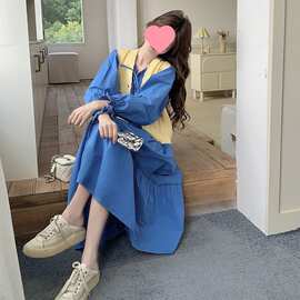 黄色甜美减龄针织马甲蓝色法式浪漫长裙新款温柔两件套连衣裙女春