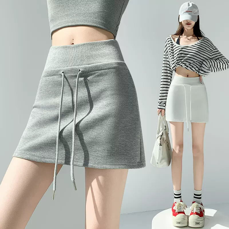 甜辣风抽绳运动白色短裙2026春季新款少女高腰百搭包臀A字半身裙