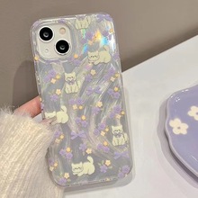 紫色花花小猫适用苹果12手机壳iPhone14plus防摔15promax硬小众7p