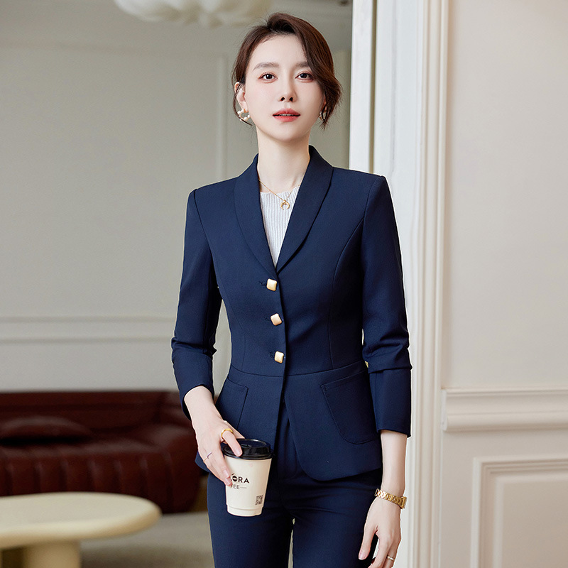Three-button navy blue women's blazer 2026 autumn/winter hotel workwear elastic professional formal attire for salesperson Three-button navy blue women's blazer 2026 autumn/winter hotel workwear elastic professional formal attire for salesperson