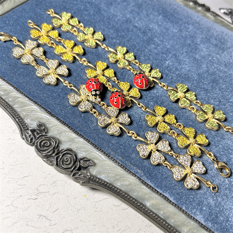 Export Oscar Retro New Style Fresh Full Diamond Lucky Clover Hand Painted Enamel Glaze Ladybug Bracelet