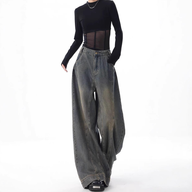 American Style Explosive Wide Leg Jeans Women's Loose High Waist Dipping All-match Mopping Pants Straight Leg Pants Four Seasons Wearing Pants