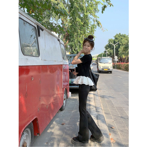 Small-sized puffed lace patchwork faux two-piece short-sleeved T-shirt for women, spring/summer style, with ruffled design and round neckline, figure-hugging top