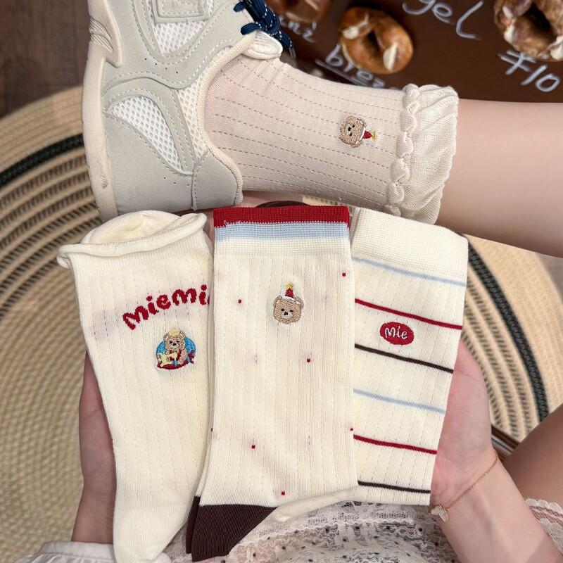 Cute Cartoon Puppy Mid-Calf Socks with Bowknot for Women, Spring and Summer, Sweat-Absorbent and Breathable, Korean Style, Combed Cotton Long Socks