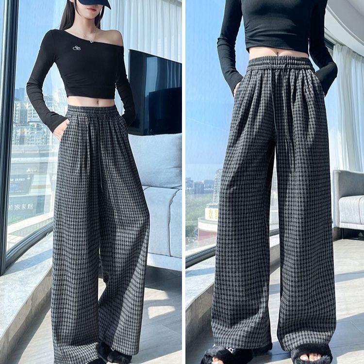 慵懒风毛呢格子阔腿裤女2025秋冬季垂感高腰显瘦休闲直筒拖地长裤|undefined