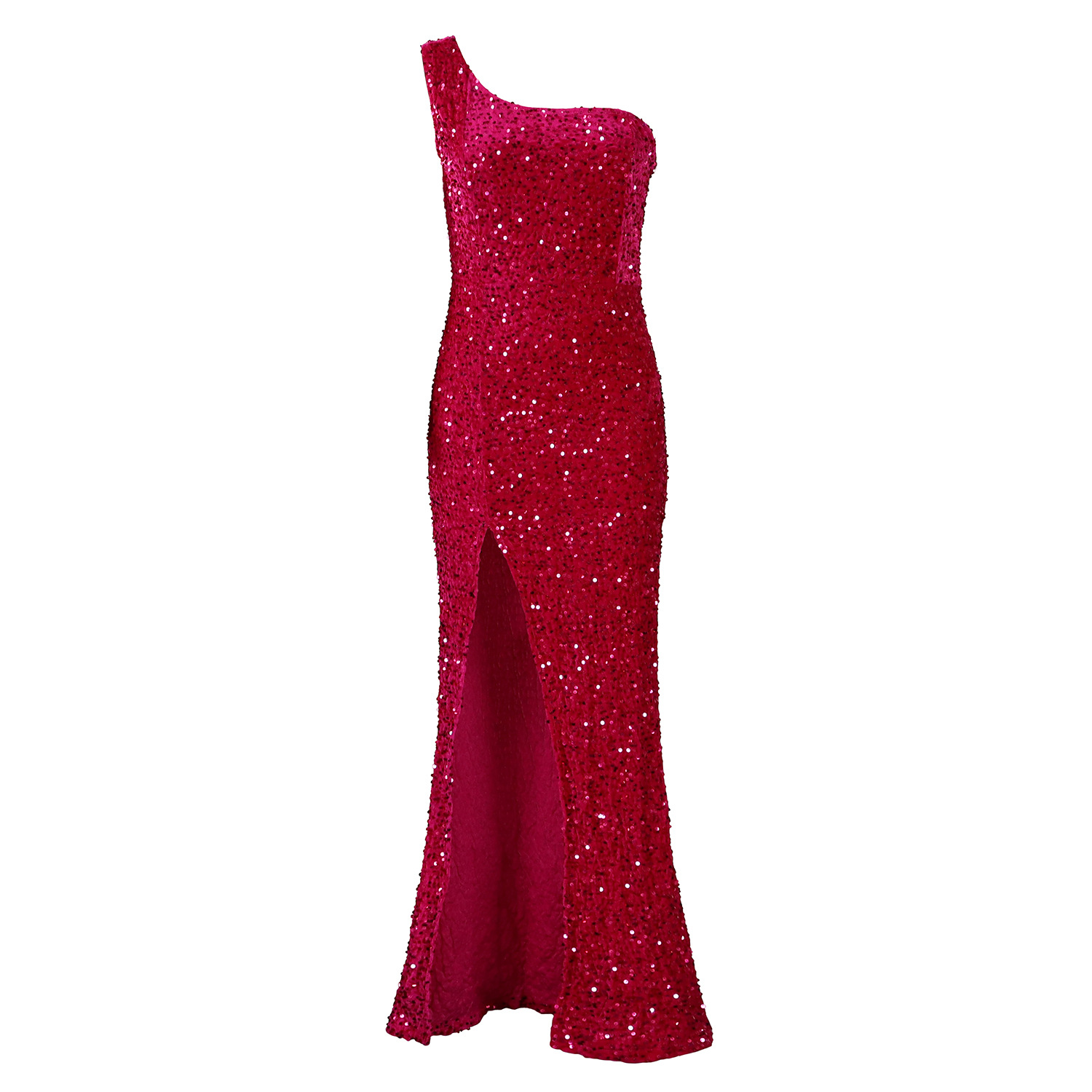 Elegant Sequin Maxi Dress Asymmetrical Shoulder High Slit Fashionable Design Evening Wear Party Dress Wholesale