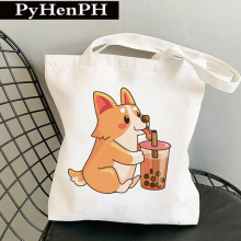 Corgi Boba  Canvas Tote Bag 柯基奶茶印花单肩手提帆布包购物袋