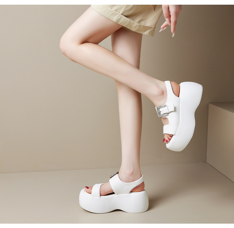Dép sandal La Mã đế bánh xốp dày mới mùa hè 2025 hở ngón khóa thắt lưng tăng chiều cao — Màu đen, Màu trắng chi tiết 12