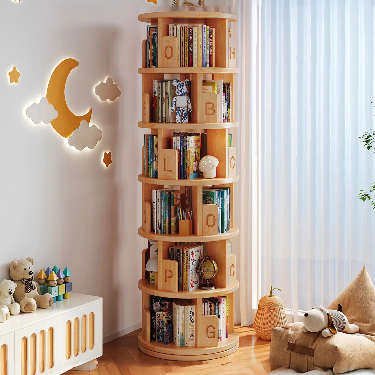 Carefully Selected Solid Wood Rotating Bookshelf, 360-Degree Bookcase, Children's Storage Rack, Floor-Standing Integrated Wall Cabinet, Student Storage