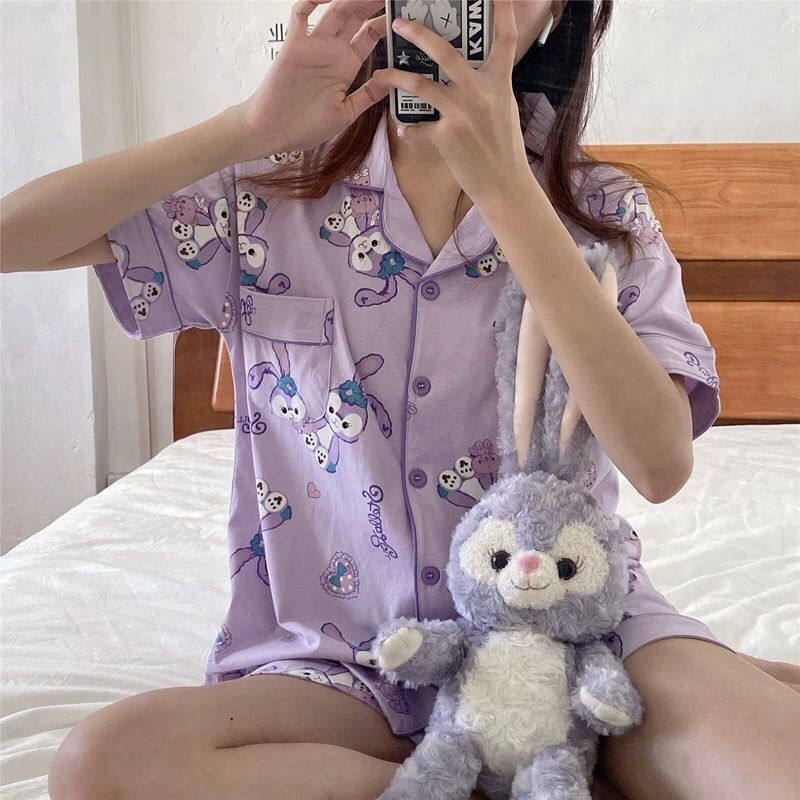 2025 lindo traje de pijama de lunares de oso de estilo ins para mujer cárdigan de cuello redondo de verano suelto y se puede usar en el hogar