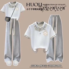 女の子夏服純綿半袖セット洋風子供夏服ファッションpolo襟tシャツワイドパンツ2点セット