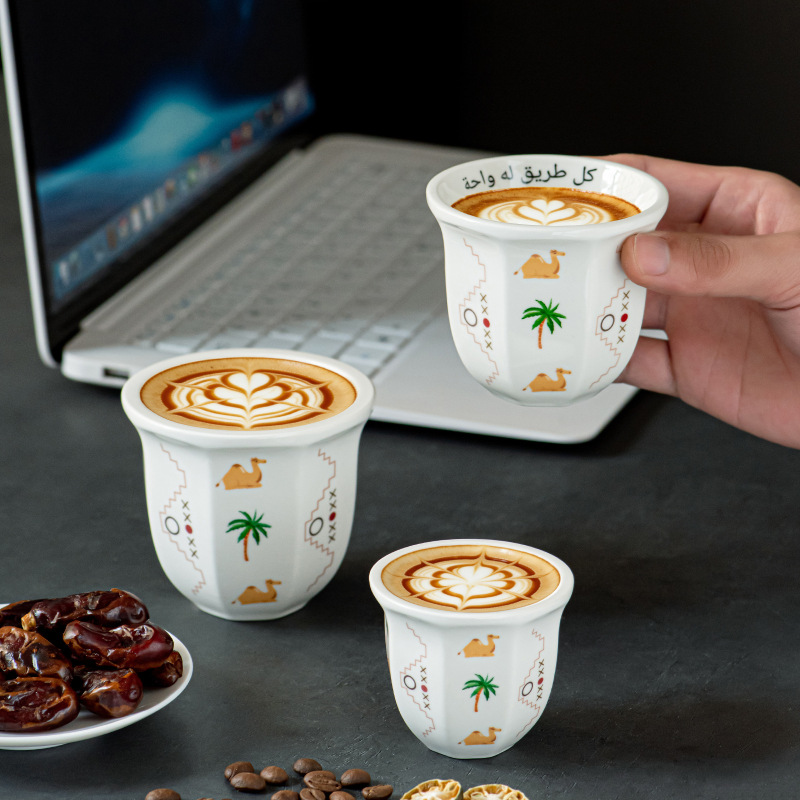 Creative New Product: Middle Eastern Desert-Style White Ceramic Octagonal Coffee Cup, Arabic Festival Cup with Label, Dropshipping Available