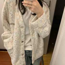 【仿貂】2024秋冬新款开衫外套女街头潮牌宽松休闲V领上衣针织衫