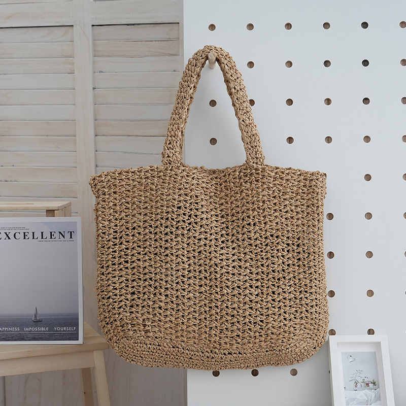 Nueva playa tejida bolsa de viaje de las niñas bolso de mano retro portátil bolsa de paja de gran capacidad bolso de hombro a rayas