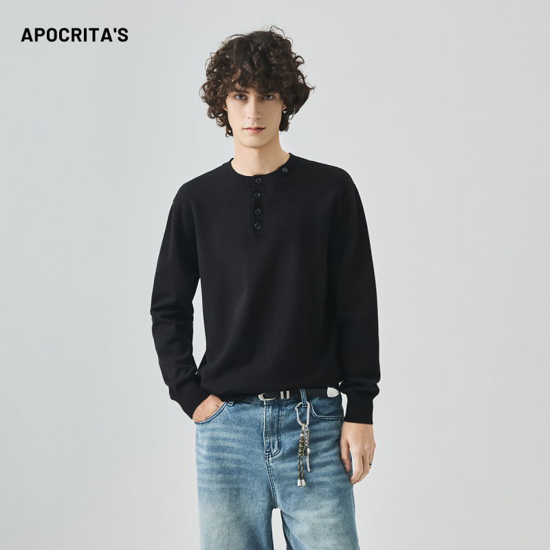 APO男装|跨境毛衣男秋季老钱风半开亨利领简约休闲内搭上衣针织衫|undefined