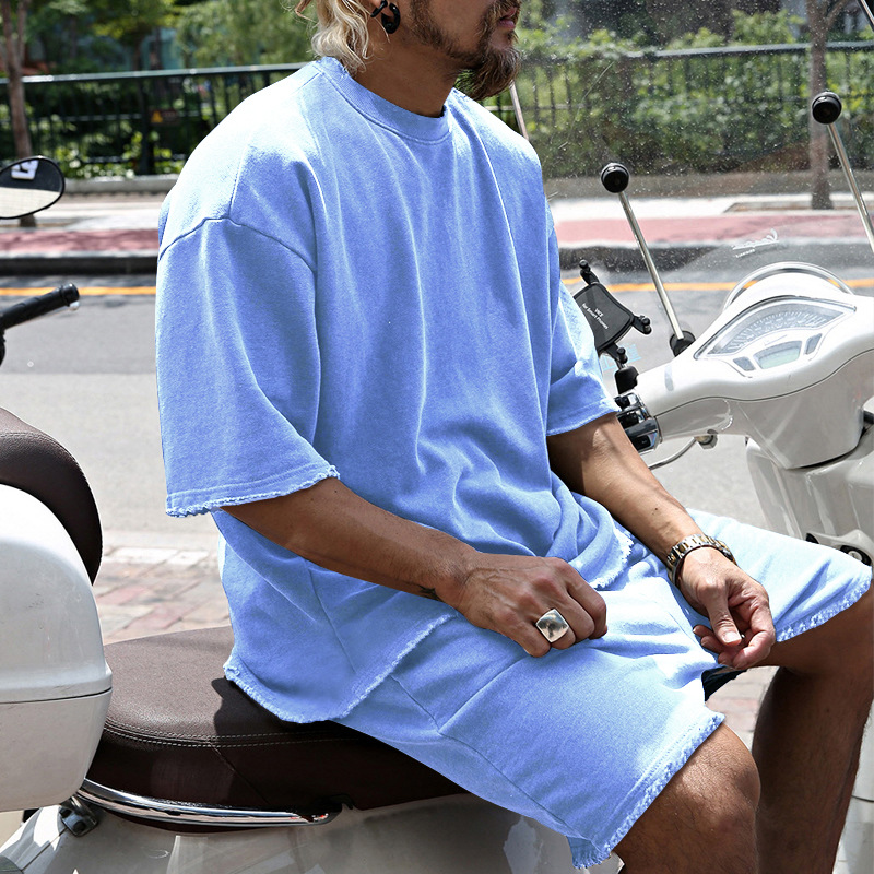 427g Weight Short Sleeve Sleeve Length Cotton Blend Fabric Type Shorts Sets Sets Type 2 Pieces Set Quantity Sports Occasion Round Neck Neckline Regular Fit Fit Type Solid Color Pattern Summer, Spring Season Men's Gender Casual Style Men's Solid Color Shorts Sets Men's Clothing 10