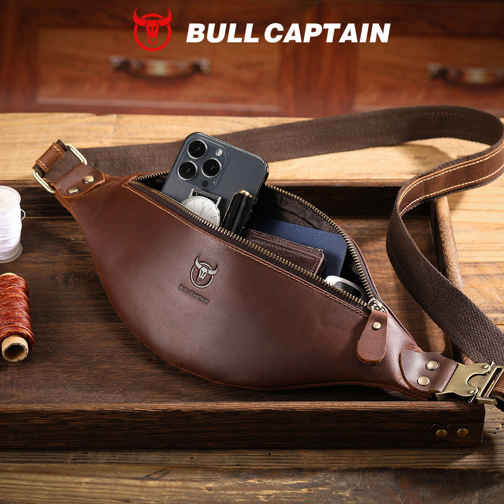 Captain Cow Leather Goods Vintage Crazy Horse Leather Amazon Source Men's Waist Bag European and American Trend Genuine Leather Men's Bag Cross-Border