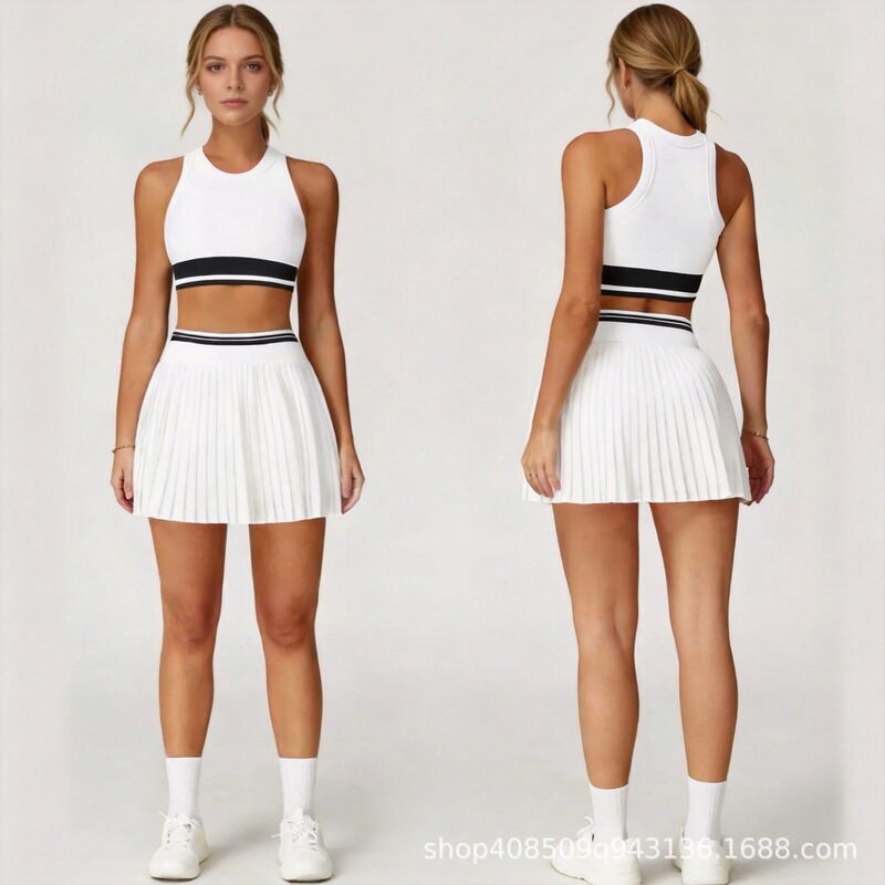Cross-Border Summer Anti-Exposure Color-Blocked Pleated Tennis Skirt Set Quick-Dry Fitness Yoga Women's Sports Short Skirt Two-Piece Set