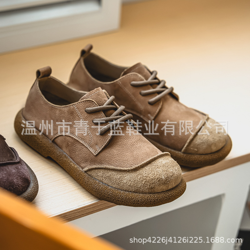 头层牛皮男鞋春秋季新款休闲系带全包勃肯鞋男士百搭复古休闲皮鞋