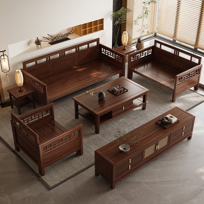 Song-style aesthetic sofa, North American walnut solid wood furniture, modern minimalist combination for living room, Zen-inspired, suitable for small apartments