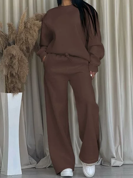 European and American Cross-Border 2025 Autumn and Winter New Solid Color Round Neck Loose Women's Fashion Wide-Leg Pants Suit