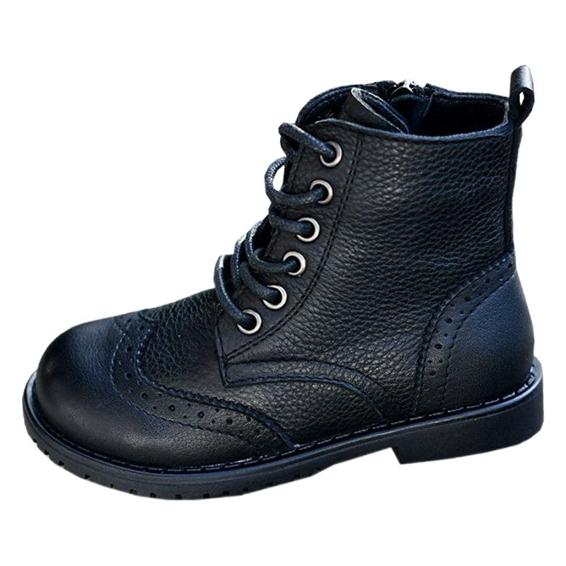 Ботинки принцессы из воловьей кожи для девочек Британские черные сапоги в Корейском стиле Ботинки Martin Модные сапоги Детские хлопковые сапоги Одиночные сапоги Теплые сапоги из натуральной кожи