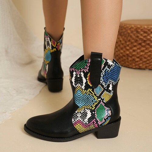 24 Autumn/Winter European and American Style Rough Heel Lady's High-Cut Boots with Round Toe Color Block Fashion Boots with Medium Heel PU Slip-On Boots