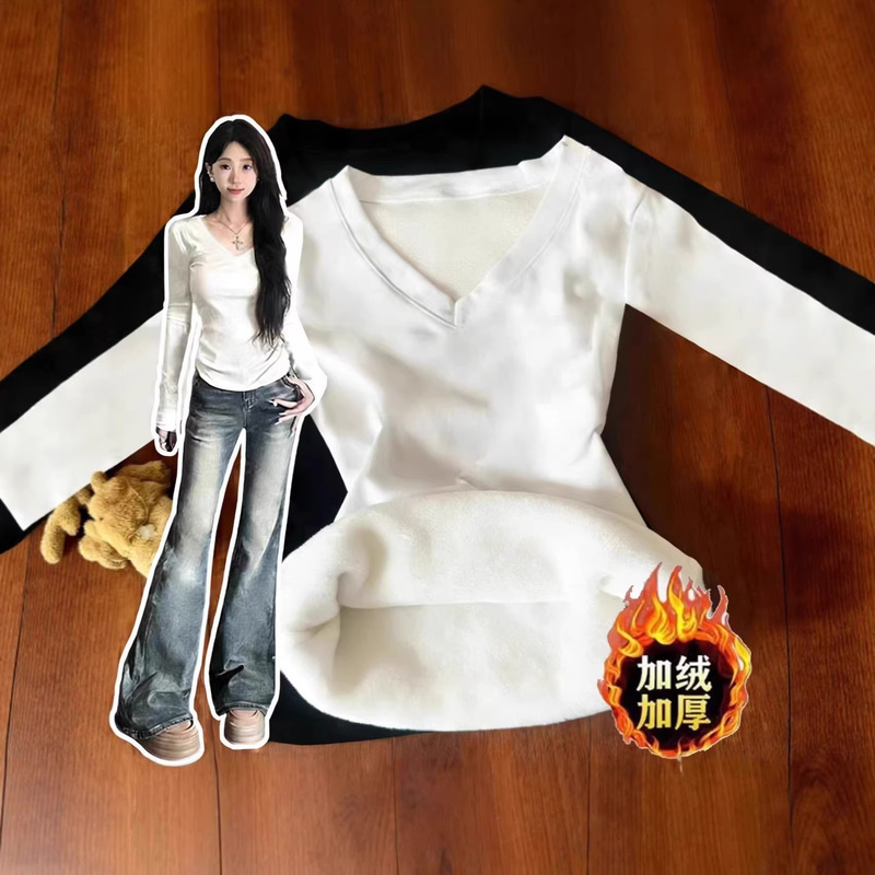 380g Milk Silk Composite Silver Fox Velvet Original Design Fleece-Lined Thickened V-Neck Slim Fit Warm Base Layer Shirt