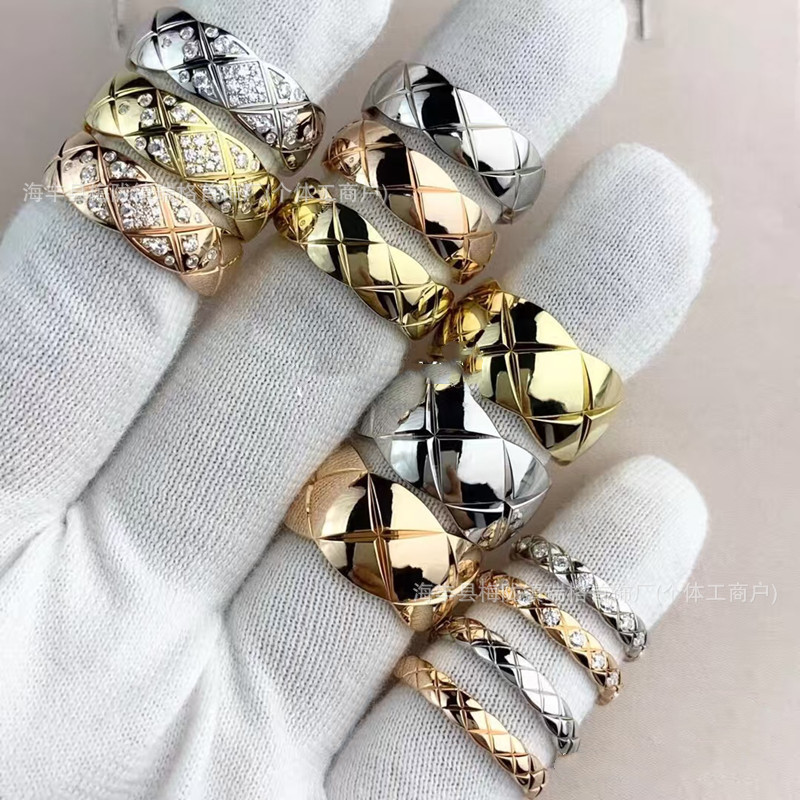 Chanel-Style Coco Diamond Pattern Ring for Women, 18K Rose Gold, Stackable, Wide and Narrow Couple Rings, Jennie's Same Style
