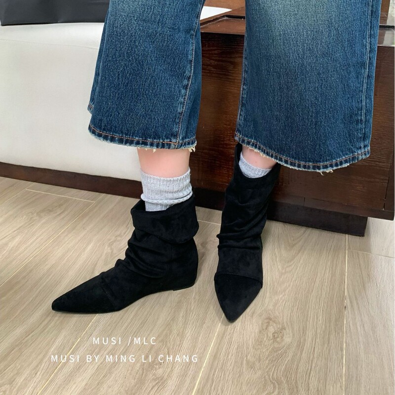 内增高堆堆短靴女鞋2025春秋季单靴尖头卡其色配裙子高跟瘦瘦靴子|undefined