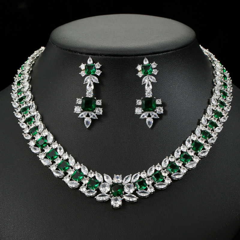 European and American Zircon Necklace and Earrings Set, Bridal Wedding Dress, Banquet Jewelry, High-End Jewelry, Women's Holiday Wear