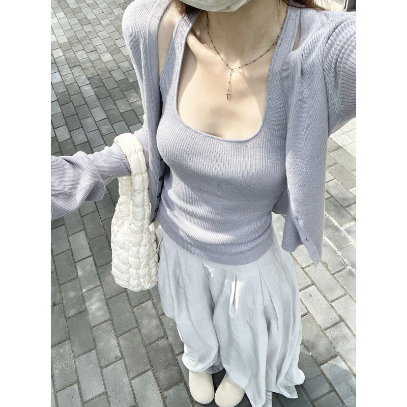灰色针织吊带外搭开衫两件套女春秋季韩系chic别致穿搭小个子上衣|undefined