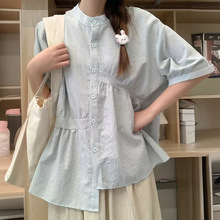 森系少女感圆领泡泡袖衬衫夏季宽松小衫设计感不规则甜美女式上衣