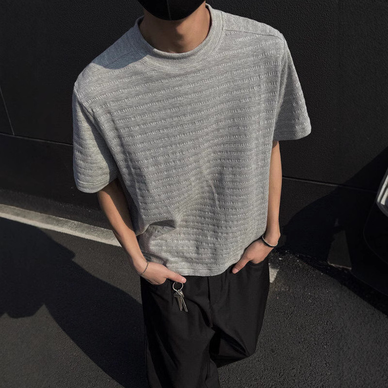 T-shirt jacquard court et respirant de couleur unie pour homme, coupe slim, polyvalent, col rond, manches mi-longues_voghion.com