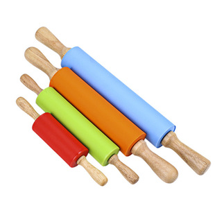Wholesale lengthened large, medium and small silicone rolling pin solid wood handle roller non-stick flour stick dumpling stick baking tools