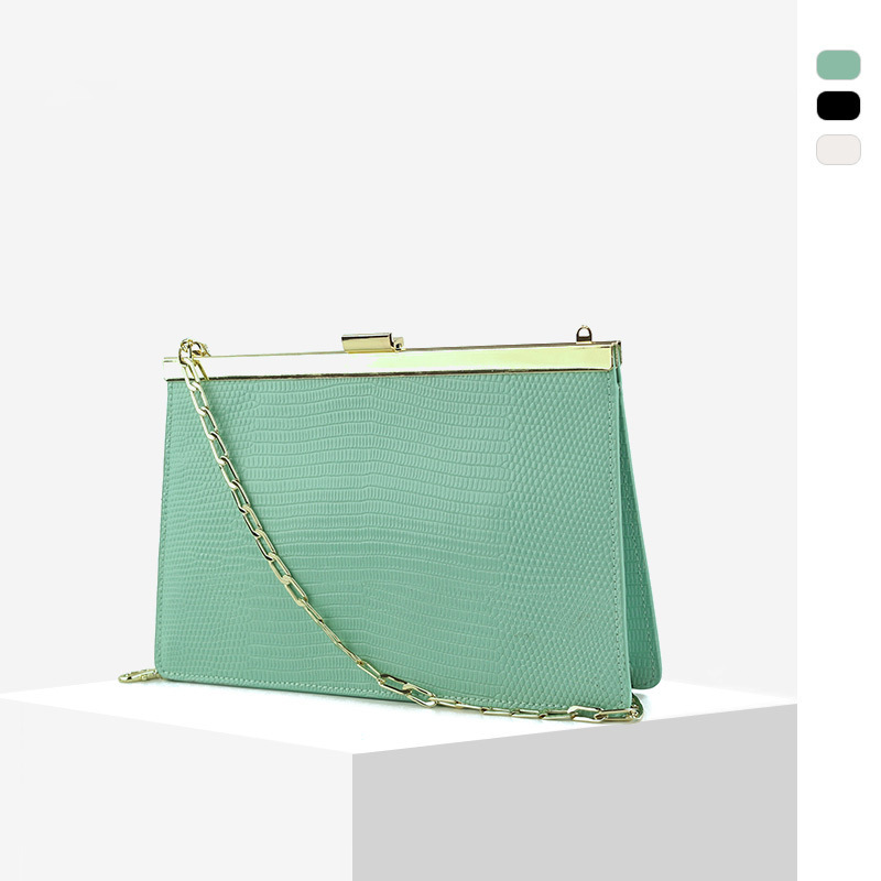 Women's Cowhide Chain Bag, Niche Design Lizard Embossed Clasp Bag, Single Shoulder Handbag Envelope Bag, French Style Evening Bag