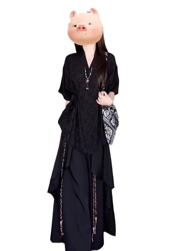 クールでスタイリッシュな漢服夏の新しい中国風レトロニッチシャツとワイドレッグカジュアルパンツのツーピースセット|undefined