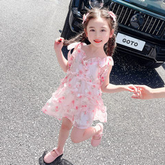女童吊帶連衣裙夏季兒童薄款碎花裙洋氣夏裝2024新款女寶寶公主裙