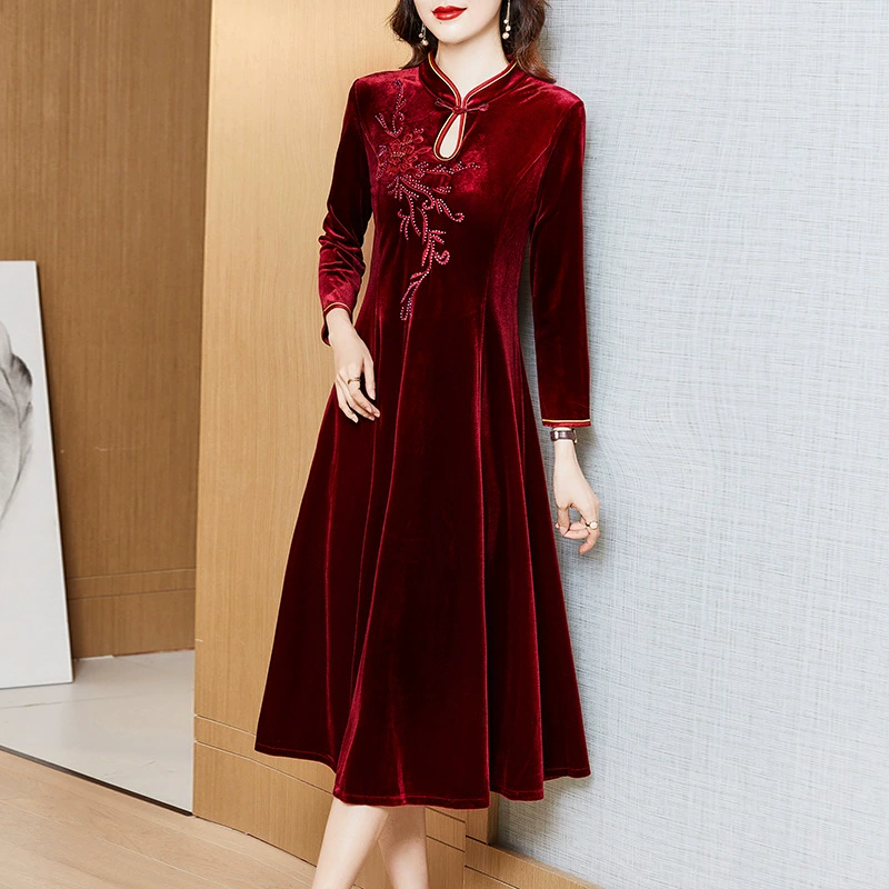 Velvet cheongsam dress, demi‑season burgundy, embroidered, long sleeves, elegant evening wear