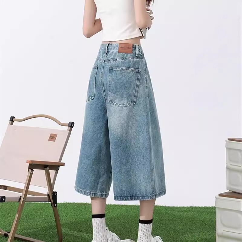 レトロ大きいサイズデニムクロップドパンツ女性のための夏の 2025 新しい薄いルーズハイウエストライトカラーストレートワイドレッグパンツ|undefined