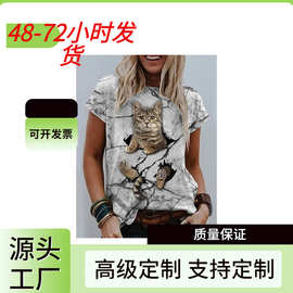 女式 T 恤tee灰色Graphic Cat Print Short Sleeve Daily Weekend