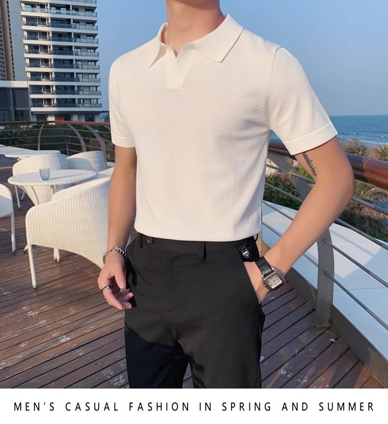 Men's Slim Fit Polo Shirt Silky Cotton Ice Silk Knitted Seagull Collar Short Sleeve Casual Workwear Trendy Sweatshirt_viptrois.com