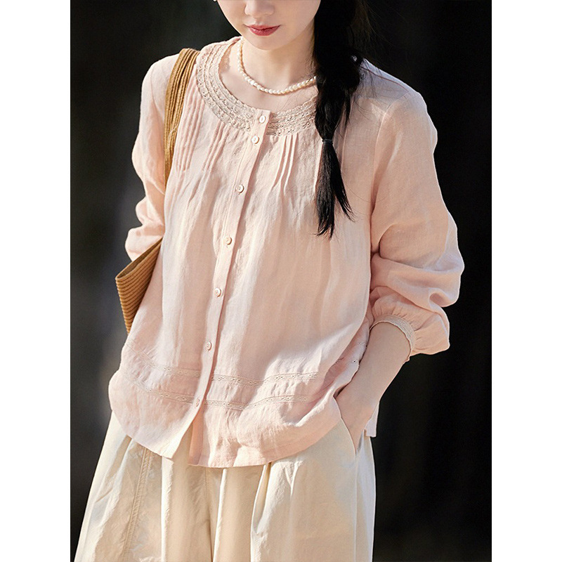 Gujia 100% Hemp Heavy-Duty Lace Collar Patchwork Button-Up Shirt, Stylish Loose-Fitting Slimming Top