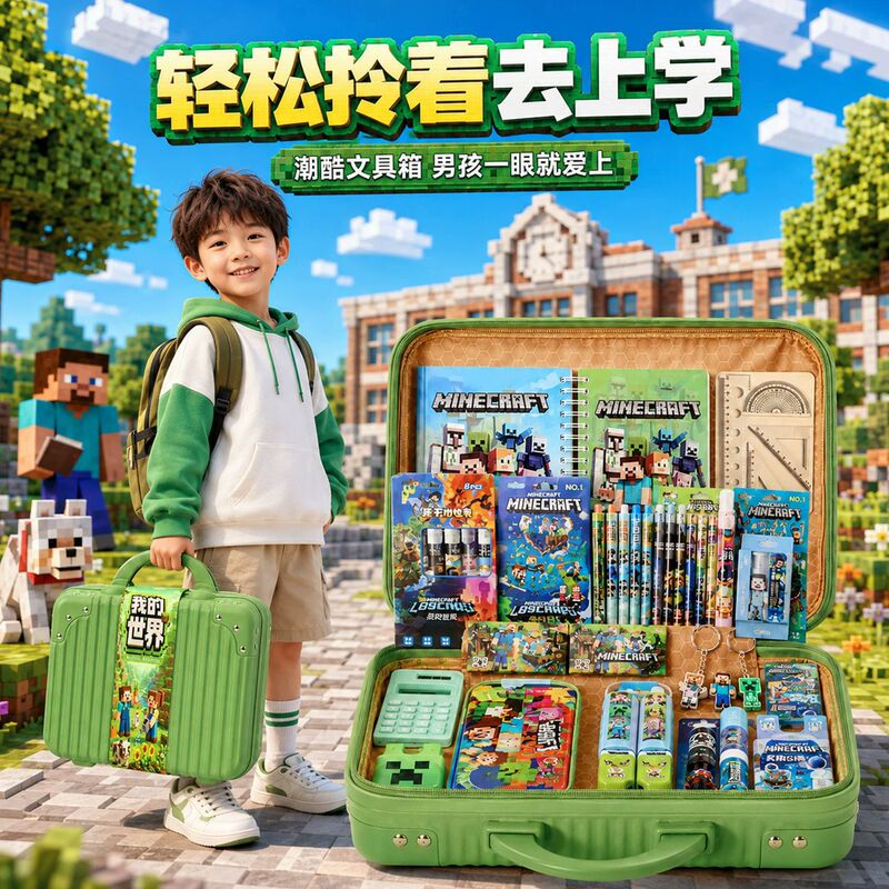 New Minecraft Stationery Set Gift Box for Elementary School Boys, Small Reward Gifts, School Supplies, Student Prizes